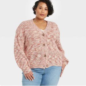 Ava & Viv Knit Balloon Sleeve Button Front Cardigan Sweater Heather Pink 1X